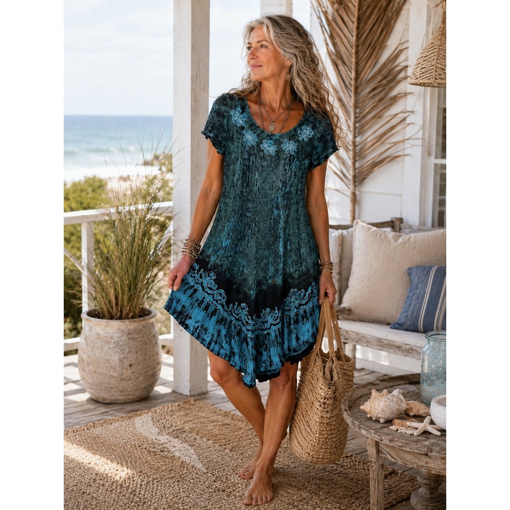 Riviera Sun‎ Blue Embroidered Handkerchief Hem Dress Size Small Boho Coastal